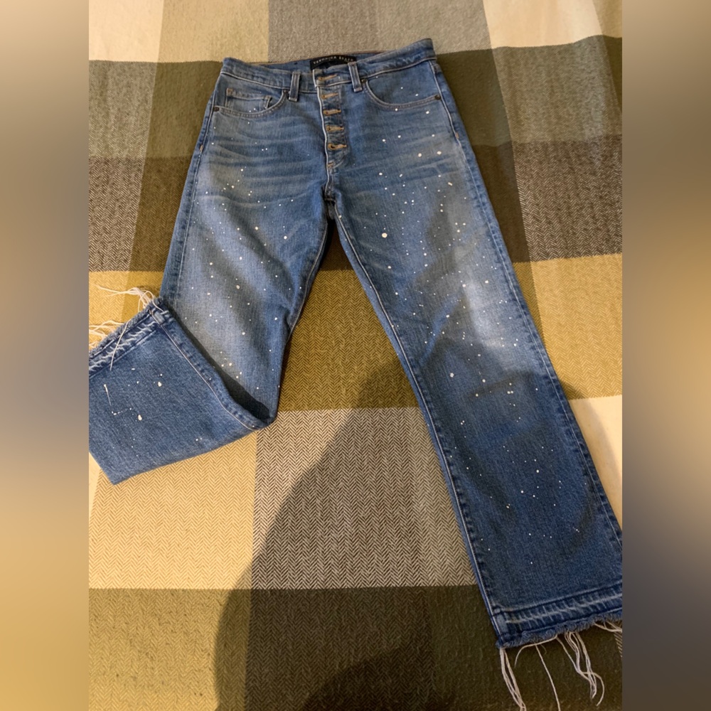 Veronica beard jeans button up spattered jeans 27 $228 3/4 length flared / died